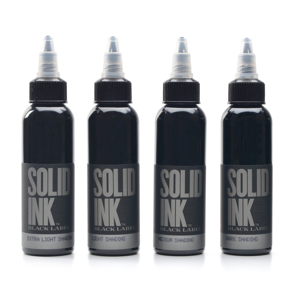 SOLID INK | Black Label Grey Wash 4 Bottle Set Tattoo Supplies 